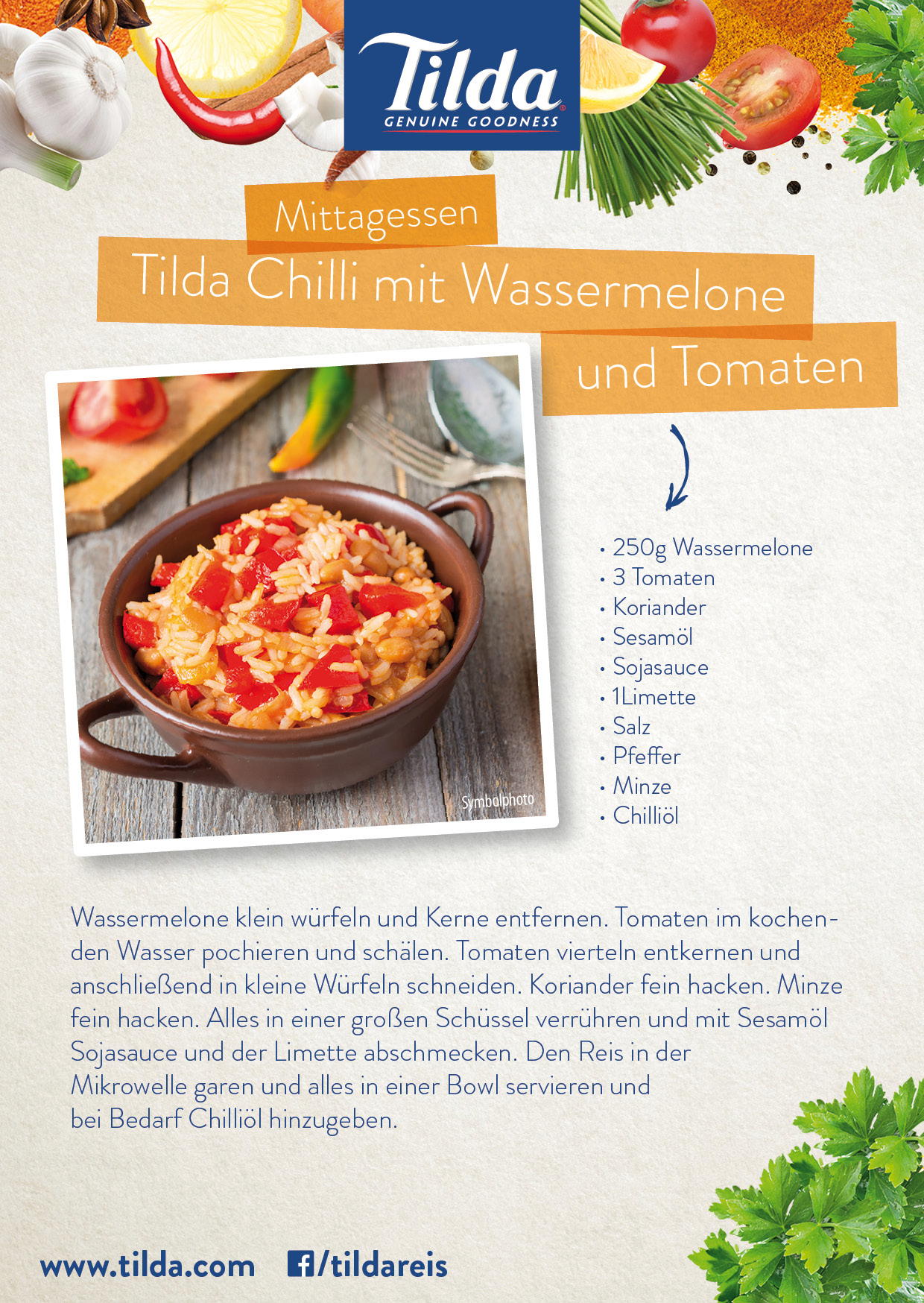 Chilireis mit Wassermeloone und Tomaten mit Tilda Basmati Reis - Freude am Kochen - vegan